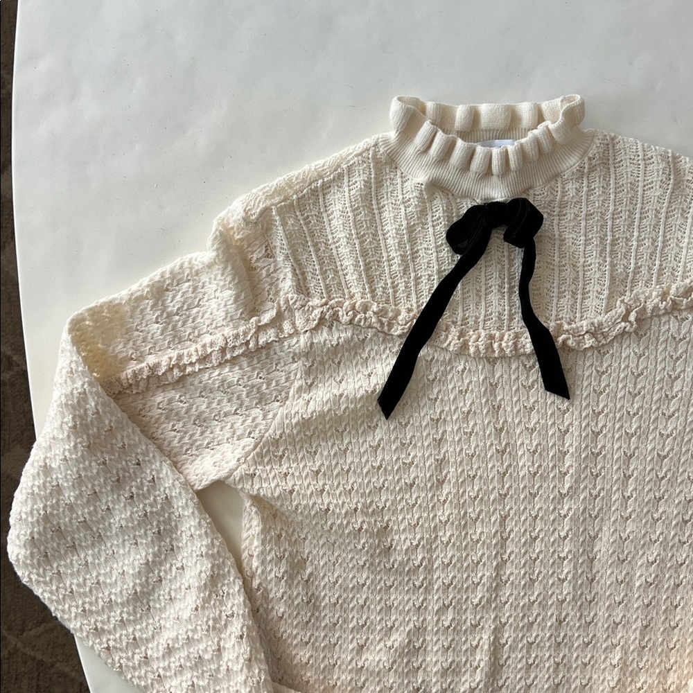 Zara Knit Coquette Bow Tie Pointelle Long Sleeve Sweater Top Ecru Cream M - Picture 4 of 7